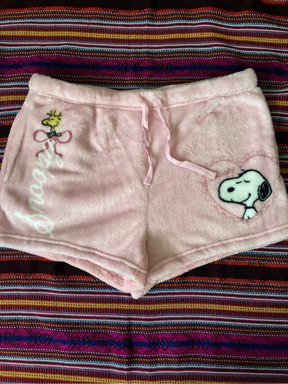 Peanuts Light Pink Plush Snoopy & Woodstock Athletic Shorts NWOT